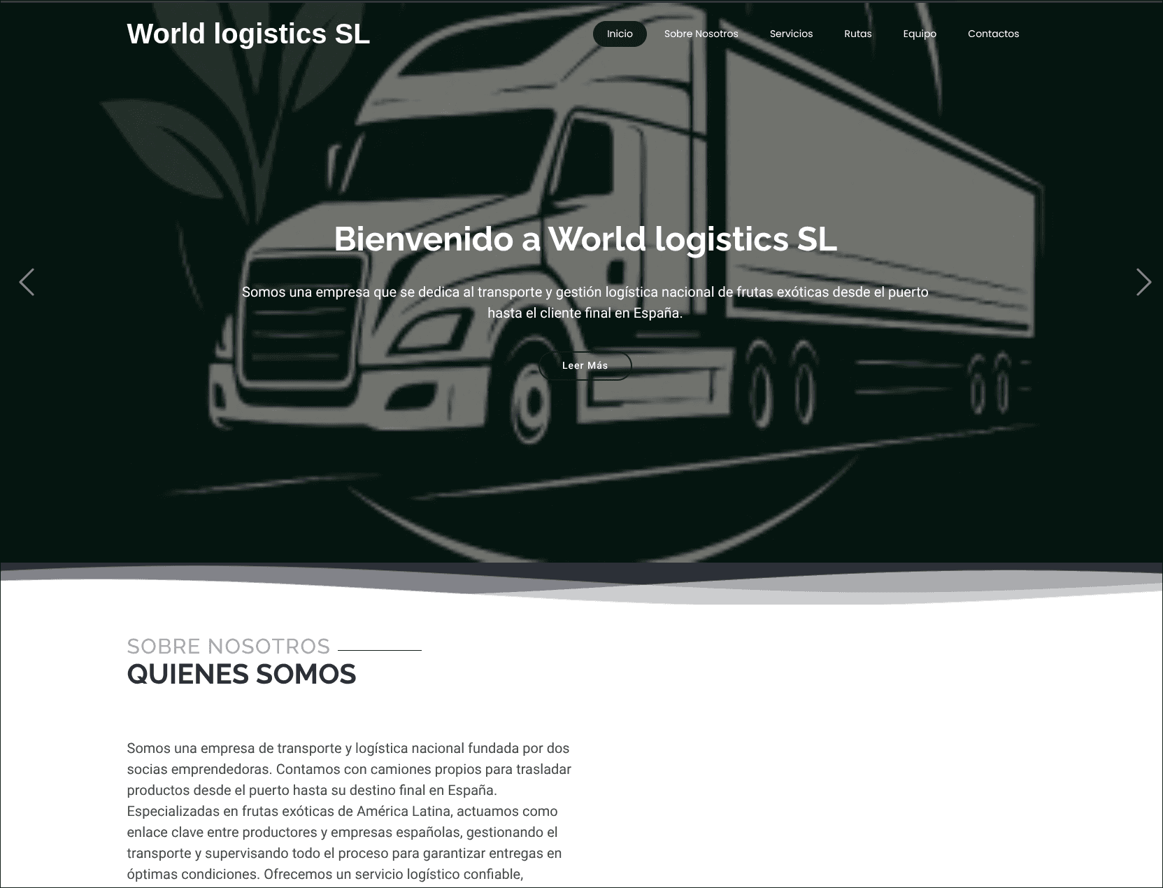 World Logistics SL homepage hero section showing the site's truck illustration and welcome message about national logistics for exotic fruit